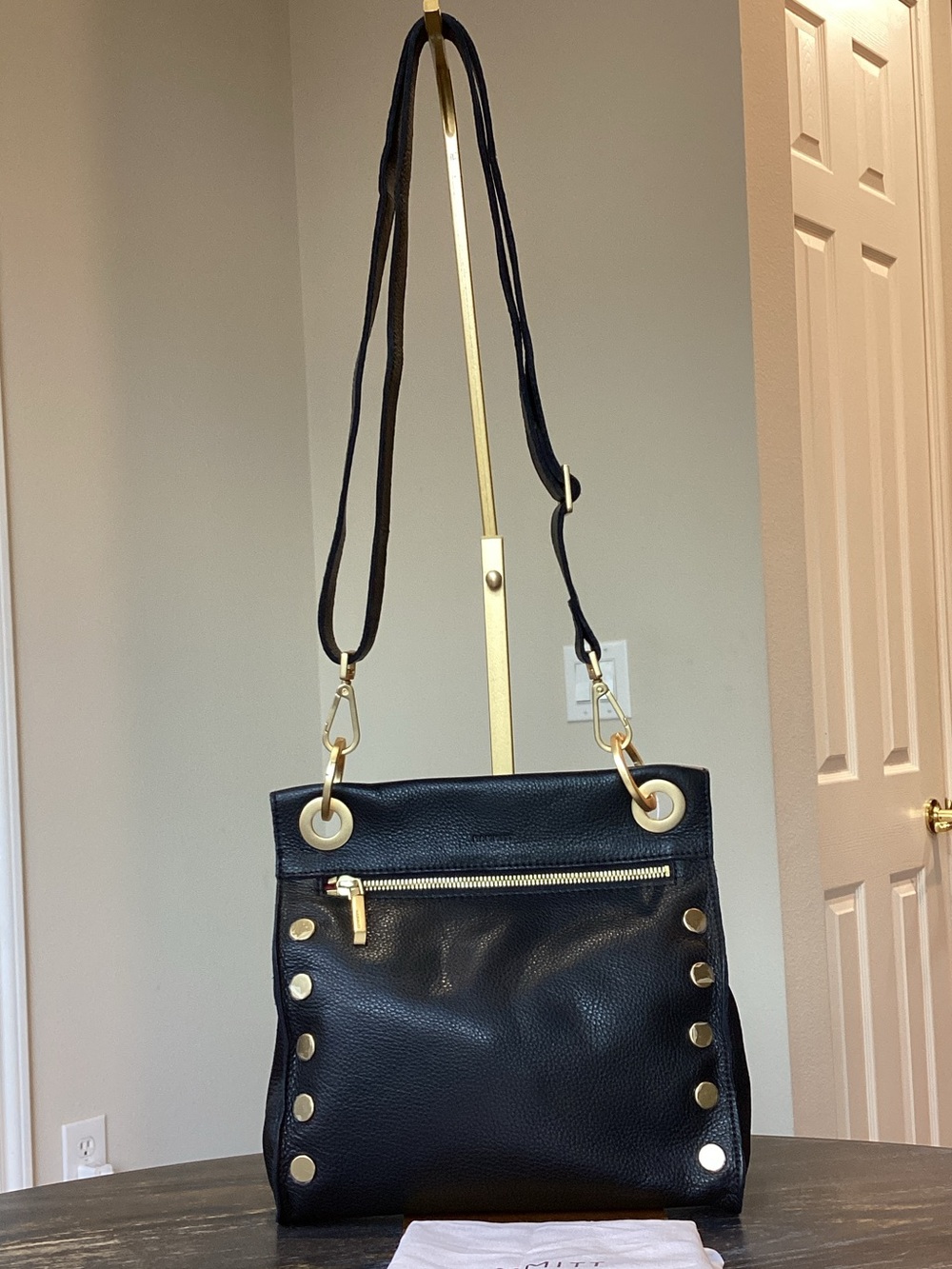 Hammitt Tony Medium Black Leather Crossbody Bag Brushed Gold Accents